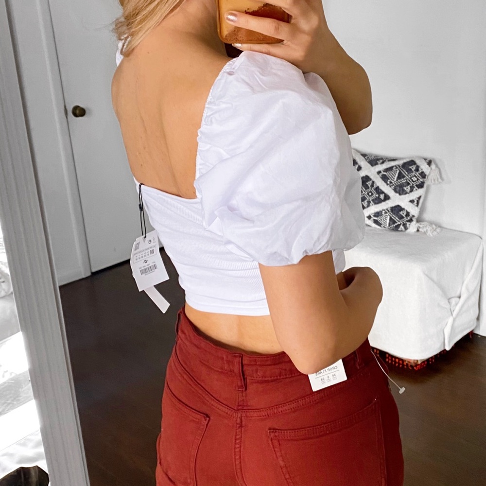 🐚 ZARA BOHO WHITE PUFF SLEEVE RUCHED CROP TOP! - Picture 3 of 11